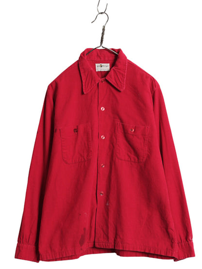 70s ★ MacPhergus 細畝 コーデュロイ シャツ メンズ L / 古着 ヴィンテージ 雰囲気系 ボックス 長袖シャツ ポケット付き コットン 赤 無地