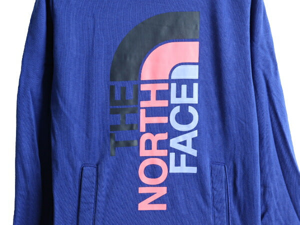 ■ ノースフェイス ロゴ プリント スウェット フード パーカー ( レディース S ) 古着 The North Face トレーナー プルオーバー 裏起毛 青