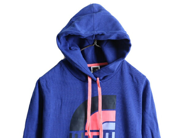 ■ ノースフェイス ロゴ プリント スウェット フード パーカー ( レディース S ) 古着 The North Face トレーナー プルオーバー 裏起毛 青