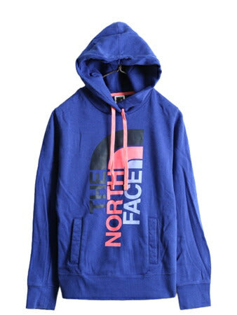 ■ ノースフェイス ロゴ プリント スウェット フード パーカー ( レディース S ) 古着 The North Face トレーナー プルオーバー 裏起毛 青