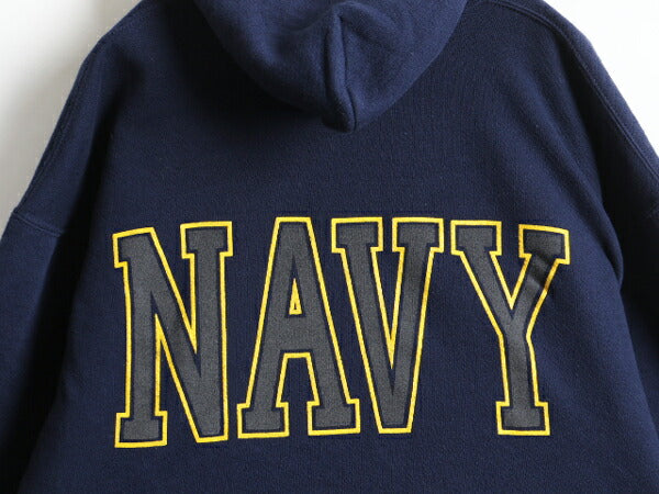 90s USA製 ■ US NAVY 両面 プリント スウェット フード パーカー メンズ M / 古着 90年代 オールド ミリタリー トレーナー 裏起毛 軍物 紺