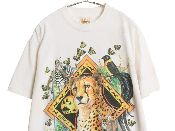 90s USA製 アニマル 両面 イラスト プリント 半袖 Tシャツ メンズ レディース L オールド ヒョウ アート ヘビーウェイト シングルステッチ