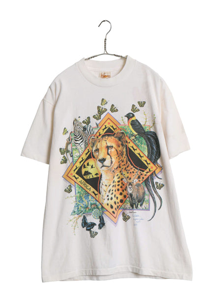 90s USA製 アニマル 両面 イラスト プリント 半袖 Tシャツ メンズ レディース L オールド ヒョウ アート ヘビーウェイト シングルステッチ