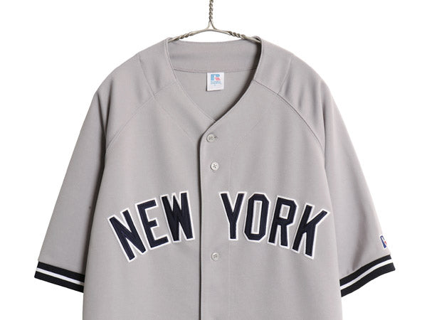 00s ヤンキース ベースボール シャツ メンズ XL オールド MLB オフィシャル ラッセル 大リーグ ユニフォーム ゲームシャツ 大きいサイズ 灰