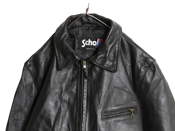 90s USA製 ショット 本革 レザー スポーツ ジャケット メンズ L 程/ オールド 革ジャン オールレザー シングル ライダース フルジップ 黒