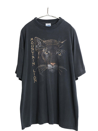 90s ライオン イラスト プリント 半袖 Tシャツ メンズ 2XL オールド アニマル グラフィック キャラクター ヘビーウェイト 大きいサイズ 黒