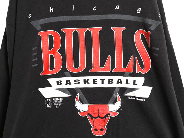 90s USA製 ブルズ プリント スウェット メンズ XXL / オールド NBA オフィシャル トレーナー バスケ ジョーダン 大きいサイズ 黒 ヘインズ