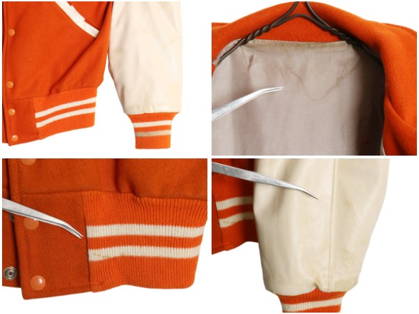 70s ★ 袖 レザー ウール スタジャン 38 メンズ M ヴィンテージ 襟付き サガラ ワッペン アワード カレッジ ジャケット ブルゾン オレンジ