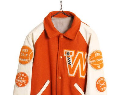 70s ★ 袖 レザー ウール スタジャン 38 メンズ M ヴィンテージ 襟付き サガラ ワッペン アワード カレッジ ジャケット ブルゾン オレンジ