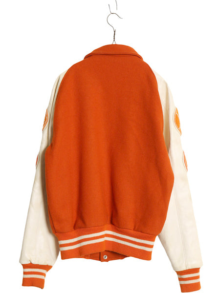 70s ★ 袖 レザー ウール スタジャン 38 メンズ M ヴィンテージ 襟付き サガラ ワッペン アワード カレッジ ジャケット ブルゾン オレンジ