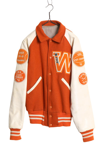 70s ★ 袖 レザー ウール スタジャン 38 メンズ M ヴィンテージ 襟付き サガラ ワッペン アワード カレッジ ジャケット ブルゾン オレンジ