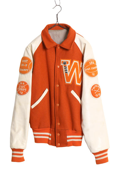 70s ★ 袖 レザー ウール スタジャン 38 メンズ M ヴィンテージ 襟付き サガラ ワッペン アワード カレッジ ジャケット ブルゾン オレンジ