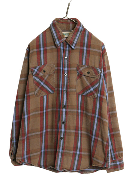 90s USA製 RUGGED WEAR チェック 長袖 ヘビー フランネル シャツ メンズ L / オールド ネルシャツ ヘビーウェイト マルチカラー カジュアル