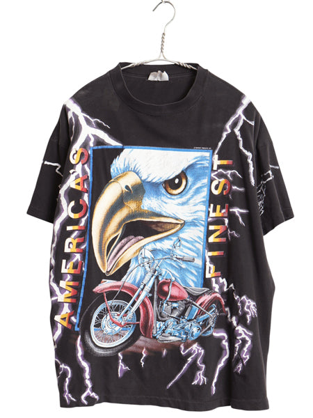 90s ★ アメリカンサンダー オールオーバー プリント Tシャツ メンズ L / 古着 オールド 当時物 アート アニマル イーグル バイク 黒 総柄