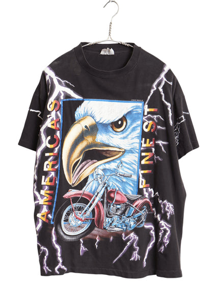 90s ★ アメリカンサンダー オールオーバー プリント Tシャツ メンズ L / 古着 オールド 当時物 アート アニマル イーグル バイク 黒 総柄
