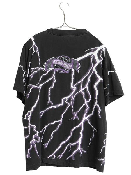 90s ★ アメリカンサンダー オールオーバー プリント Tシャツ メンズ L / 古着 オールド 当時物 アート アニマル イーグル バイク 黒 総柄