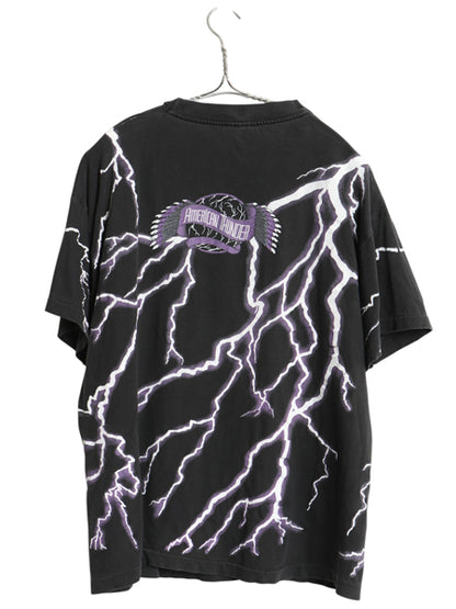 90s ★ アメリカンサンダー オールオーバー プリント Tシャツ メンズ L / 古着 オールド 当時物 アート アニマル イーグル バイク 黒 総柄