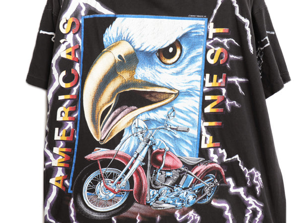 90s ★ アメリカンサンダー オールオーバー プリント Tシャツ メンズ L / 古着 オールド 当時物 アート アニマル イーグル バイク 黒 総柄