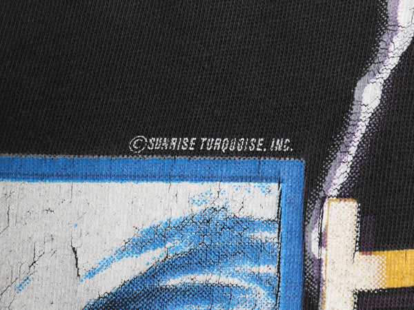 90s ★ アメリカンサンダー オールオーバー プリント Tシャツ メンズ L / 古着 オールド 当時物 アート アニマル イーグル バイク 黒 総柄