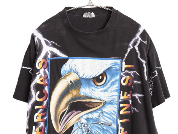 90s ★ アメリカンサンダー オールオーバー プリント Tシャツ メンズ L / 古着 オールド 当時物 アート アニマル イーグル バイク 黒 総柄
