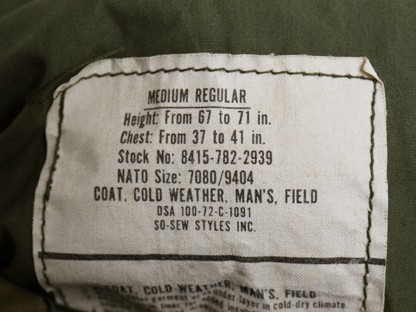 70s 米軍実物 US ARMY M-65 フィールド ジャケット MEDIUM REGULAR / 72年製 ヴィンテージ ミリタリー 3rd ブラス 軍物 中綿 ライナー付き