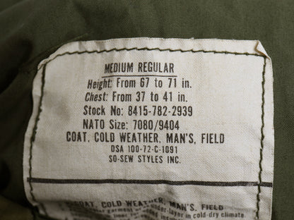 70s 米軍実物 US ARMY M-65 フィールド ジャケット MEDIUM REGULAR / 72年製 ヴィンテージ ミリタリー 3rd ブラス 軍物 中綿 ライナー付き