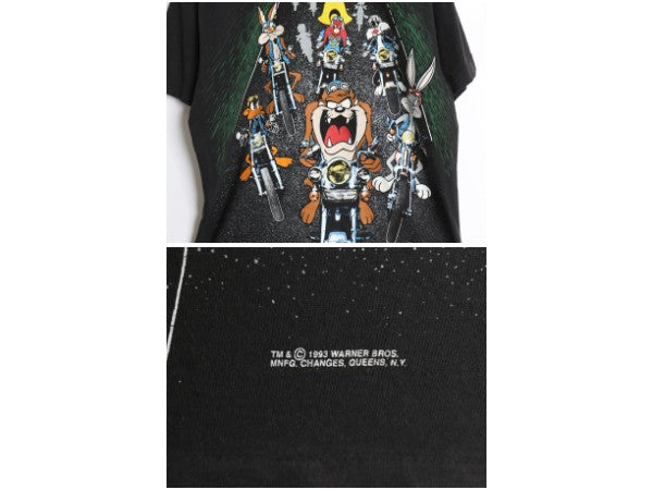 90s USA製 ワーナー キャラクター 両面 プリント Tシャツ メンズ レディース M 古着 オールド イラスト アート バイク シングルステッチ 黒