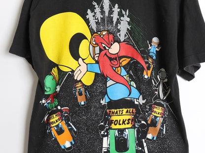 90s USA製 ワーナー キャラクター 両面 プリント Tシャツ メンズ レディース M 古着 オールド イラスト アート バイク シングルステッチ 黒