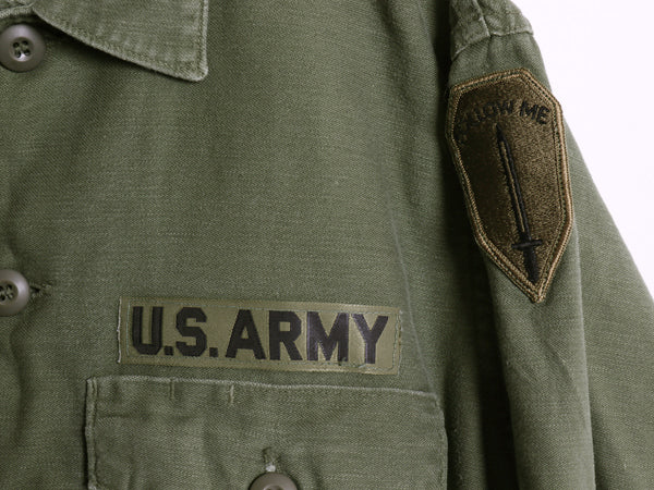 60s 米軍実物 US ARMY コットン サテン ユーティリティ シャツ M / ヴィンテージ 68年製 OG107 シャツ袖 2nd ミリタリー 軍物 ワッペン付き