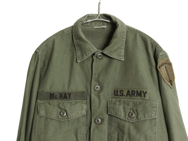 60s 米軍実物 US ARMY コットン サテン ユーティリティ シャツ M / ヴィンテージ 68年製 OG107 シャツ袖 2nd ミリタリー 軍物 ワッペン付き