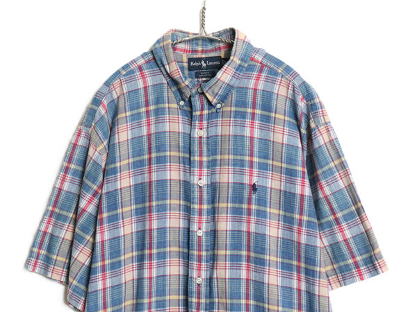 90s ラルフローレン 半袖 ボタンダウン シャツ メンズ XL 古着 オールド ポロ コットン マドラス チェック 半袖シャツ 薄手 大きいサイズ