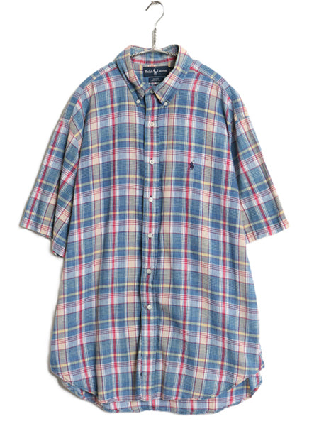 90s ラルフローレン 半袖 ボタンダウン シャツ メンズ XL 古着 オールド ポロ コットン マドラス チェック 半袖シャツ 薄手 大きいサイズ