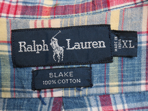 90s ラルフローレン 半袖 ボタンダウン シャツ メンズ XL 古着 オールド ポロ コットン マドラス チェック 半袖シャツ 薄手 大きいサイズ