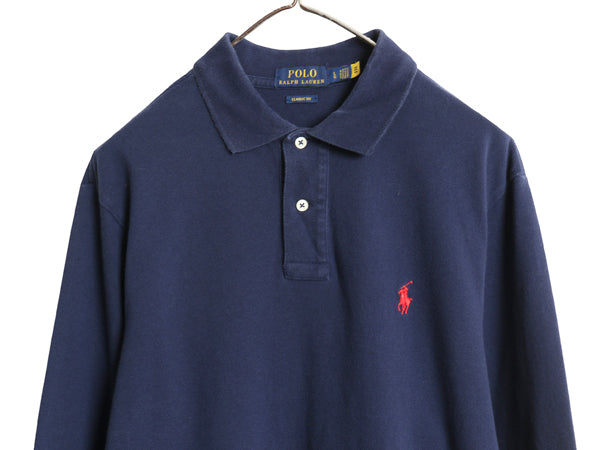 ポロ ラルフローレン 鹿の子 長袖 ポロシャツ メンズ L / CLASSIC FIT ワンポイント ポニー 無地 長袖シャツ カットソー トップス ネイビー