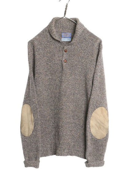 70s USA製 ペンドルトン x Outdoors Man ショールカラー ウール ニット セーター メンズ M ヴィンテージ 本革 レザー エルボーパッチ 無地