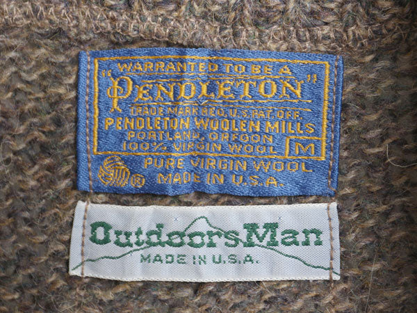 70s USA製 ペンドルトン x Outdoors Man ショールカラー ウール ニット セーター メンズ M ヴィンテージ 本革 レザー エルボーパッチ 無地