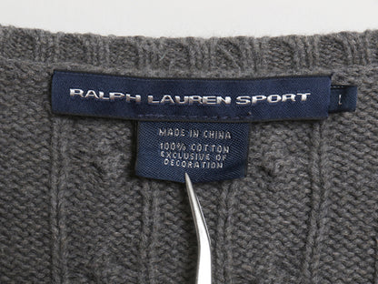 ラルフローレン Vネック コットン ケーブル ニット セーター レディース L / ポロ スポーツ 長袖ニット ワンポイント シンプル きれいめ 灰