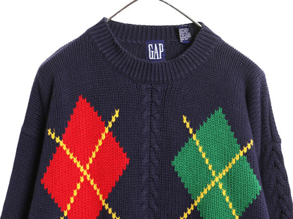 90s イギリス製 オールド ギャップ モックネック デザイン ニット セーター メンズ L / 長袖ニット コットン アーガイル ヘビーウェイト 紺