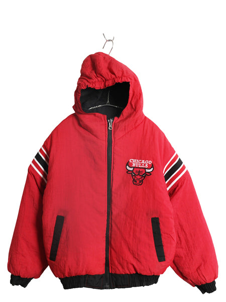 90s ブルズ リバーシブル 中綿 ナイロン パーカー ジャケット キッズ L メンズ XS 程/ NBA オフィシャル プロプレイヤー スタジャン 子供服