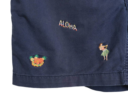 ポロ ラルフローレン 総柄 刺繍 ショートパンツ メンズ M ショーツ アロハ ハワイアン モノグラム ノータック 短パン チノパン コットン 紺