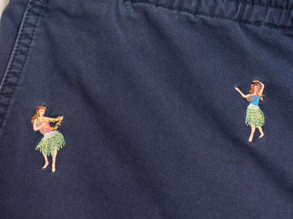 ポロ ラルフローレン 総柄 刺繍 ショートパンツ メンズ M ショーツ アロハ ハワイアン モノグラム ノータック 短パン チノパン コットン 紺