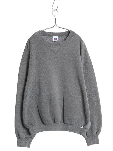 90s ラッセル 無地 スウェット メンズ レディース XL / 古着 オールド トレーナー 前V 裏起毛 大きいサイズ ワンポイント ブランク グレー