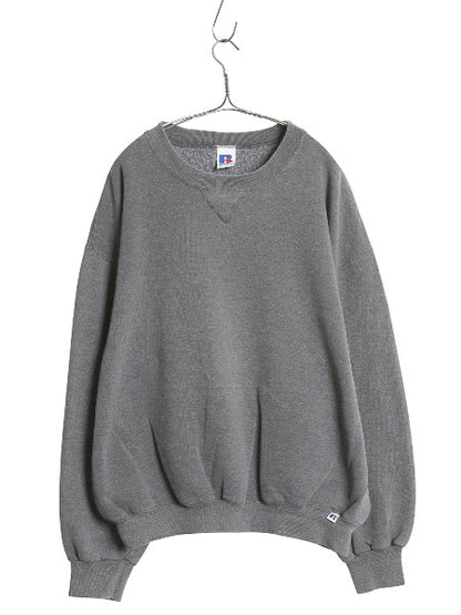 90s ラッセル 無地 スウェット メンズ レディース XL / 古着 オールド トレーナー 前V 裏起毛 大きいサイズ ワンポイント ブランク グレー