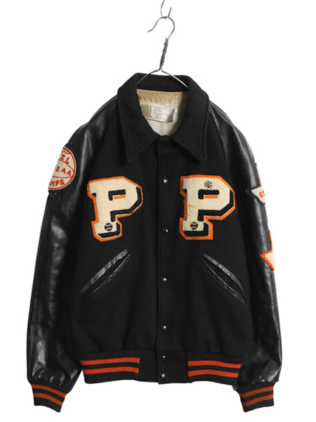 60s 70s ★ HOWE 袖 レザー ウール スタジャン メンズ L / 古着 ヴィンテージ 襟付き サガラ ワッペン アワード ジャケット ブルゾン 黒
