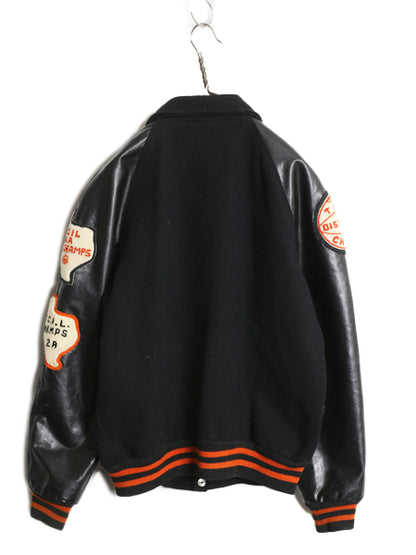 60s 70s ★ HOWE 袖 レザー ウール スタジャン メンズ L / 古着 ヴィンテージ 襟付き サガラ ワッペン アワード ジャケット ブルゾン 黒