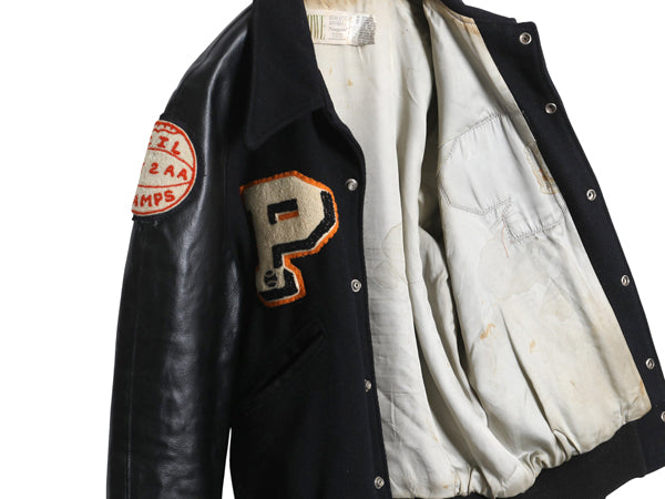 60s 70s ★ HOWE 袖 レザー ウール スタジャン メンズ L / 古着 ヴィンテージ 襟付き サガラ ワッペン アワード ジャケット ブルゾン 黒