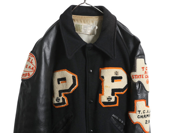 60s 70s ★ HOWE 袖 レザー ウール スタジャン メンズ L / 古着 ヴィンテージ 襟付き サガラ ワッペン アワード ジャケット ブルゾン 黒