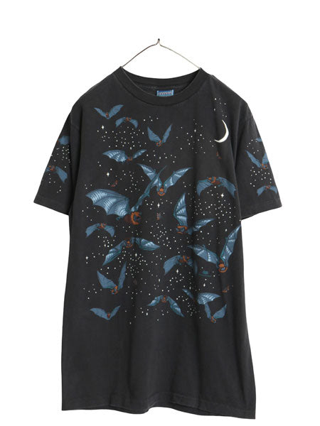 90s USA製 コウモリ オールオーバー イラスト プリント 半袖 Tシャツ メンズ M / オールド アート グラフィック 総柄 シングルステッチ 黒
