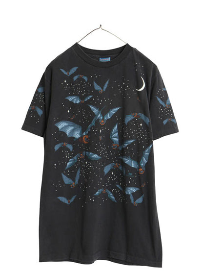 90s USA製 コウモリ オールオーバー イラスト プリント 半袖 Tシャツ メンズ M / オールド アート グラフィック 総柄 シングルステッチ 黒
