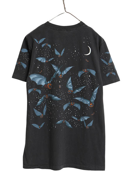 90s USA製 コウモリ オールオーバー イラスト プリント 半袖 Tシャツ メンズ M / オールド アート グラフィック 総柄 シングルステッチ 黒